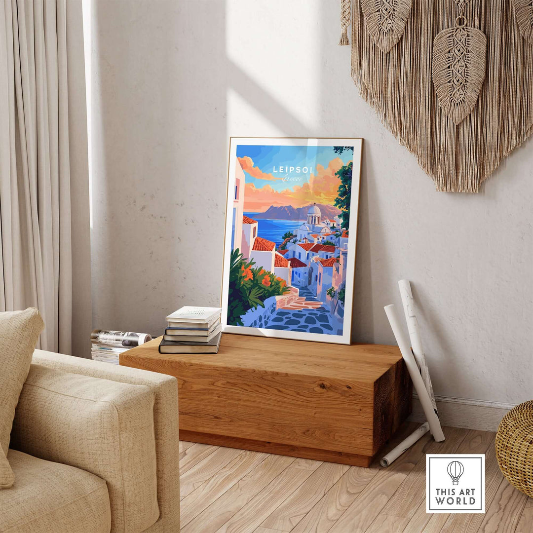 Leipsoi Travel Print showcasing vibrant Greek island scenery in a stylish living room setting.