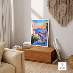 Leipsoi Travel Print Greece framed artwork in a chic living room setting, showcasing beautiful Greek scenery.