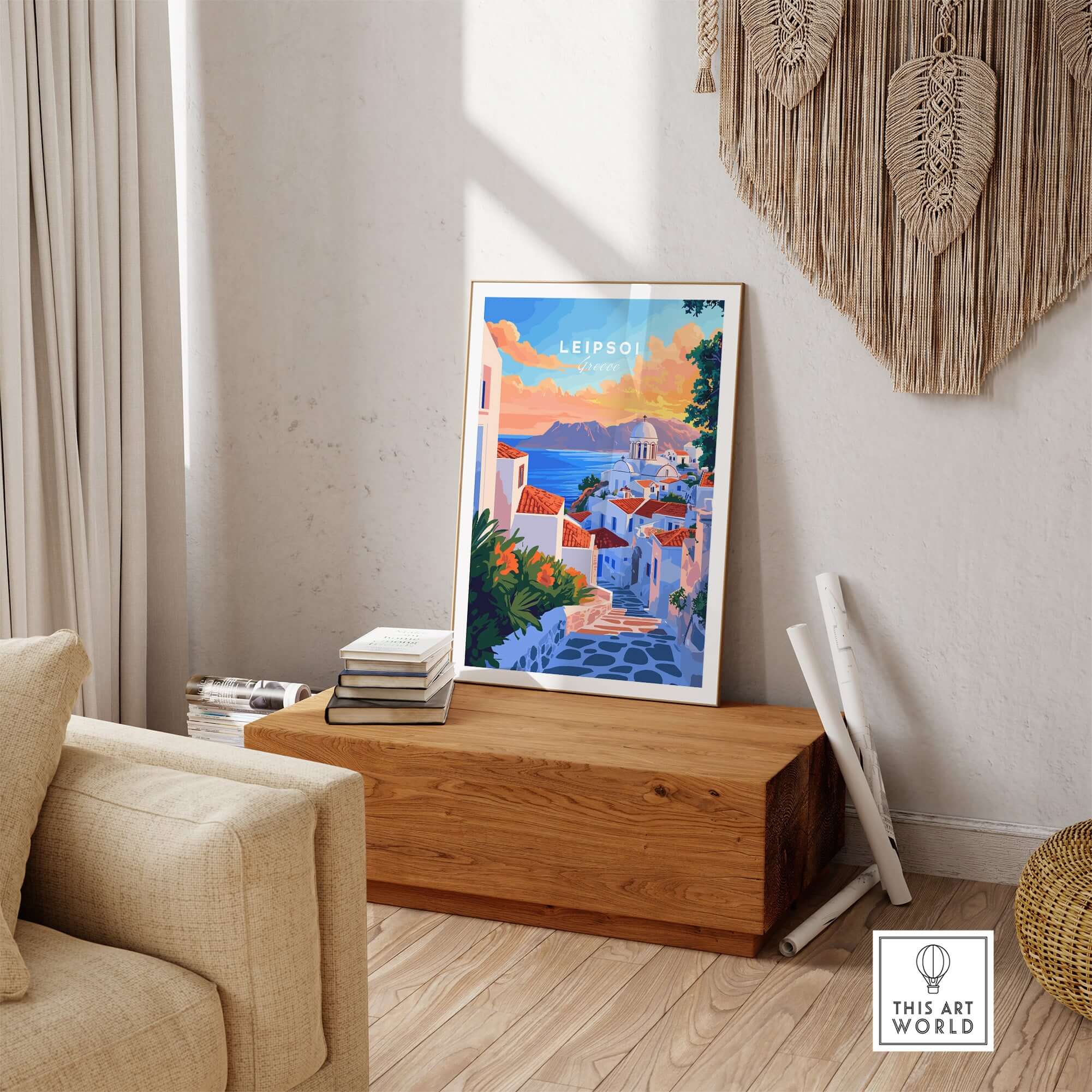 Leipsoi Travel Print Greece framed artwork in a chic living room setting, showcasing beautiful Greek scenery.