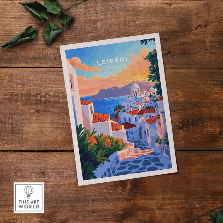 Leipsoi Travel Print showcasing vibrant Greek island scenery with white buildings and colorful sunset. Perfect for wanderlust decor.