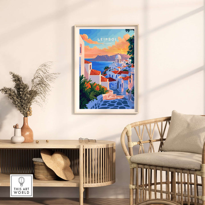 Leipsoi Travel Print showcasing a vibrant Greek island scene, beautifully framed in a modern living room setting.