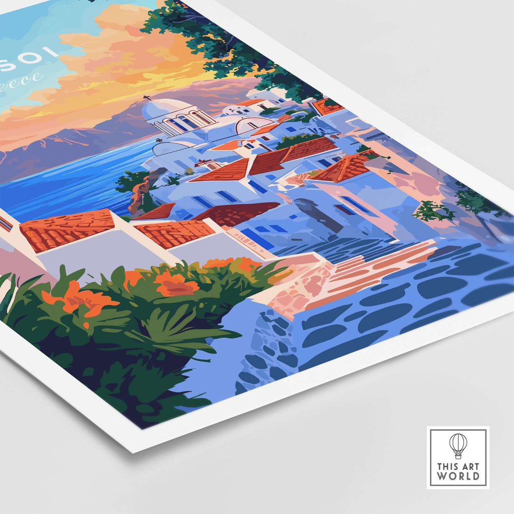 Leipsoi Travel Print Greece showcasing vibrant Greek islands, colorful architecture, and a picturesque coastal landscape.