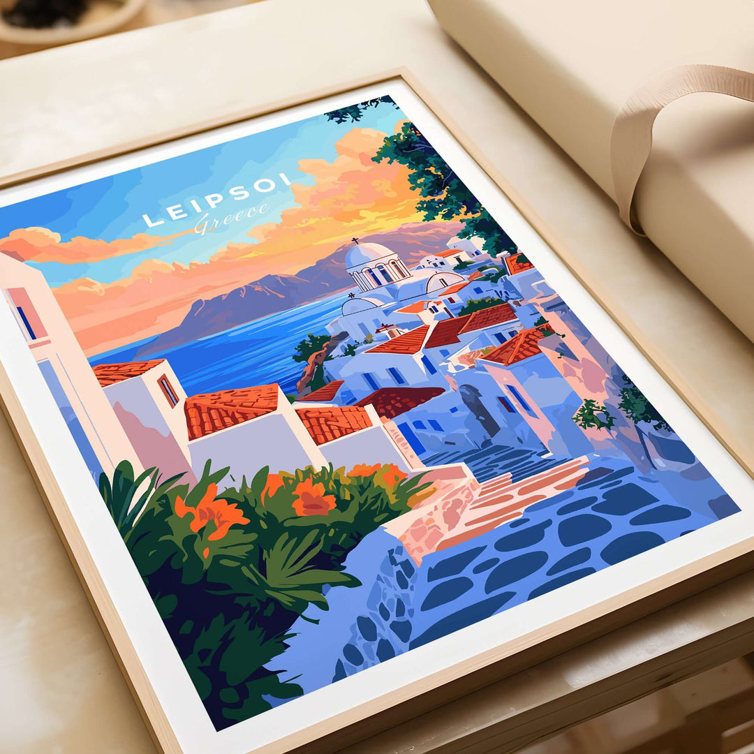 Leipsoi Travel Print showcasing vibrant Greek island scenery with white buildings and blue sea, perfect for travel-inspired decor.