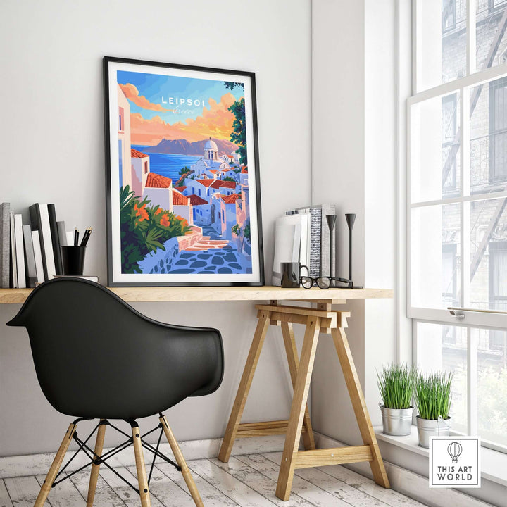 Leipsoi Travel Print showcasing vibrant Greek islands, displayed in a modern home office with stylish decor.