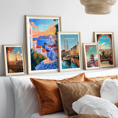 Leipsoi Travel Print Greece displayed among other travel prints in a stylish home setting.