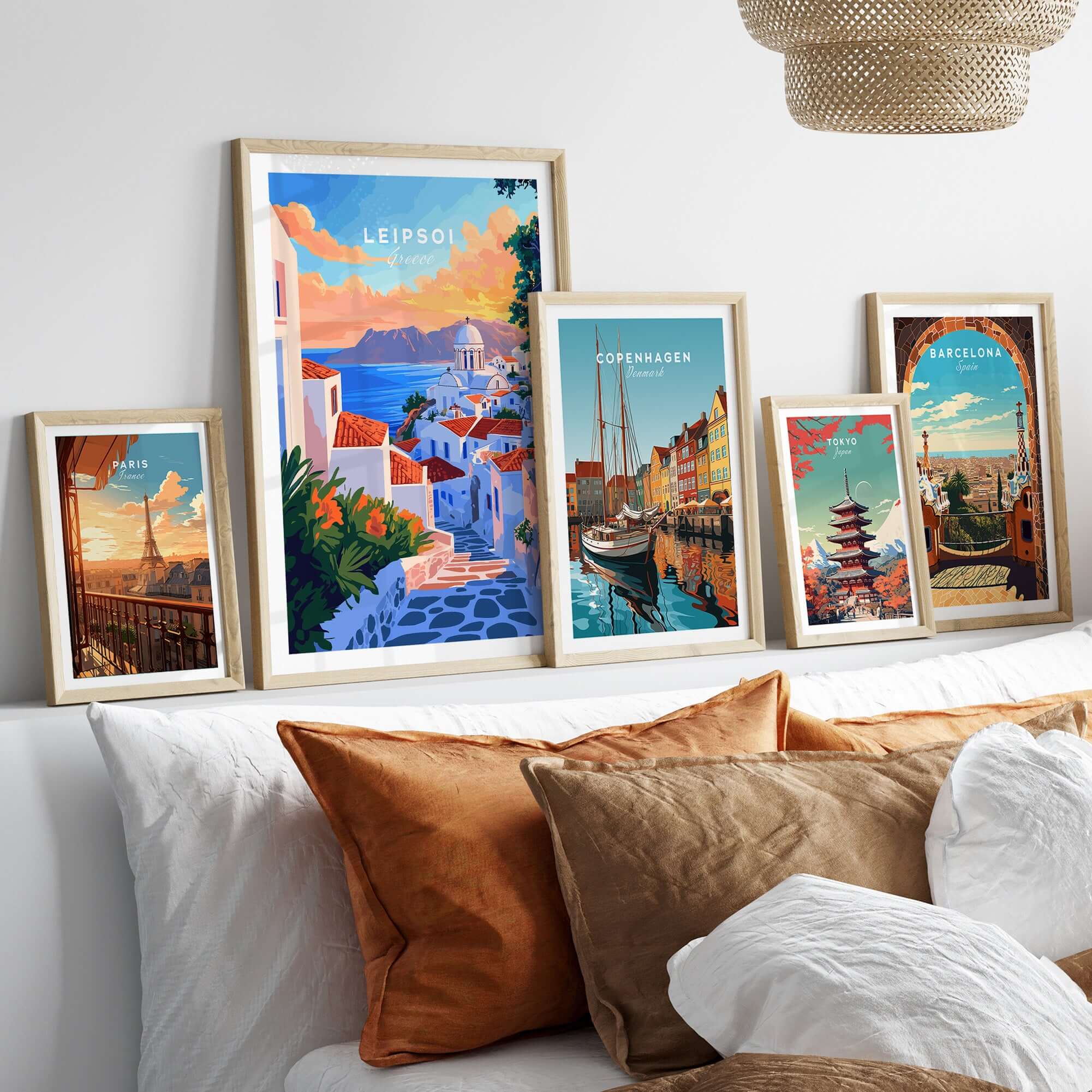 Leipsoi Travel Print Greece displayed among other travel prints in a stylish home setting.