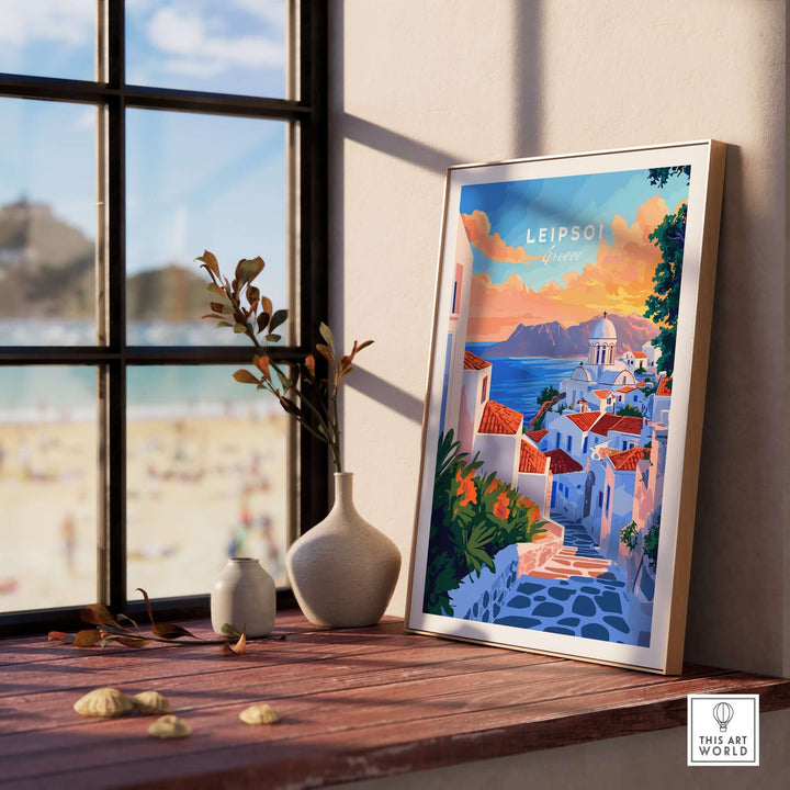 Framed Leipsoi travel print showcasing picturesque Greek island scenery with vibrant colors near a sunny beach.