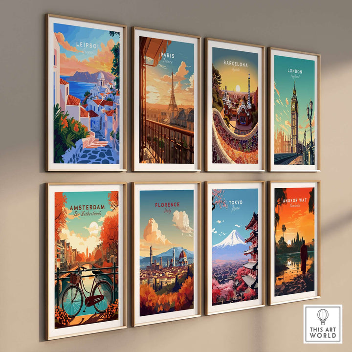 Collection of vibrant travel prints featuring Leipsoi, Paris, Barcelona, London, Amsterdam, Florence, Tokyo, and Angkor Wat.