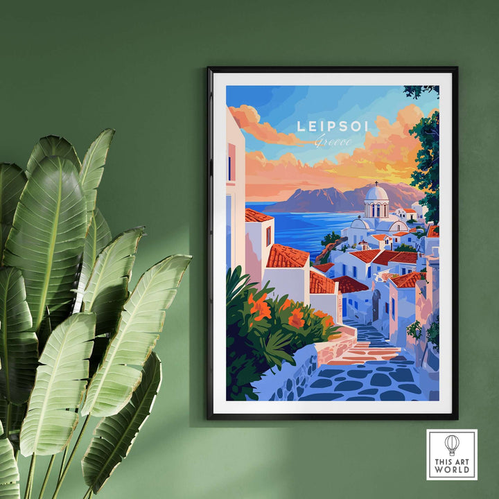 Leipsoi Travel Print showcasing a vibrant Greek island scene with white buildings and scenic views, perfect for home decor.