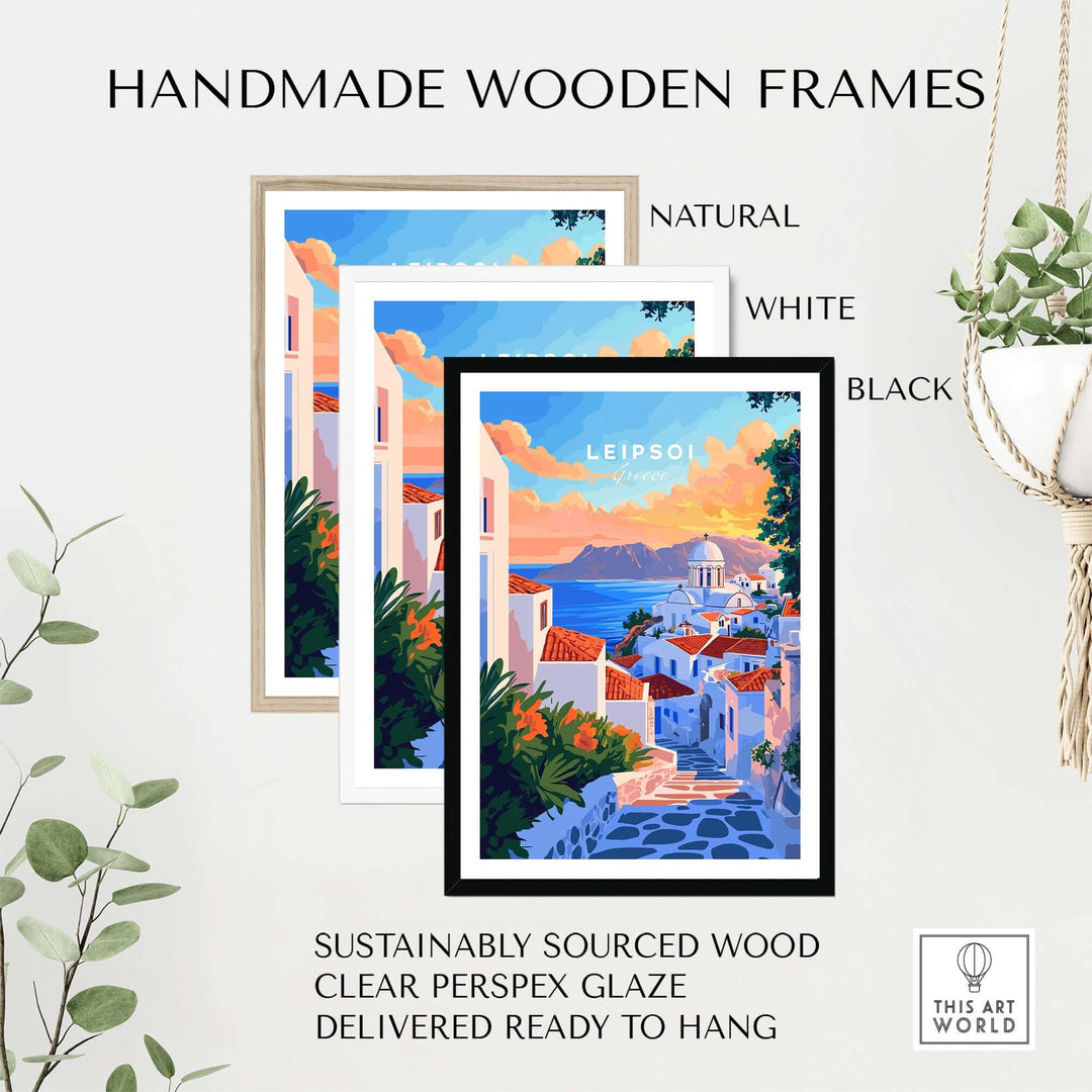 Handmade wooden frames in natural, white, and black for Leipsoi Travel Print, featuring sustainably sourced wood and clear glaze.