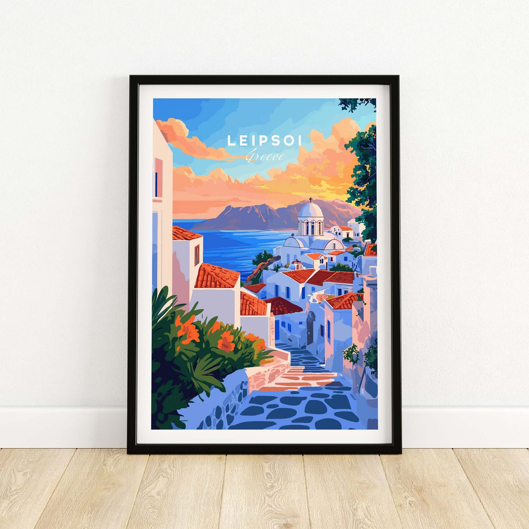 Colorful Leipsoi travel print of a Greek island with white buildings and vibrant sunset scenery.