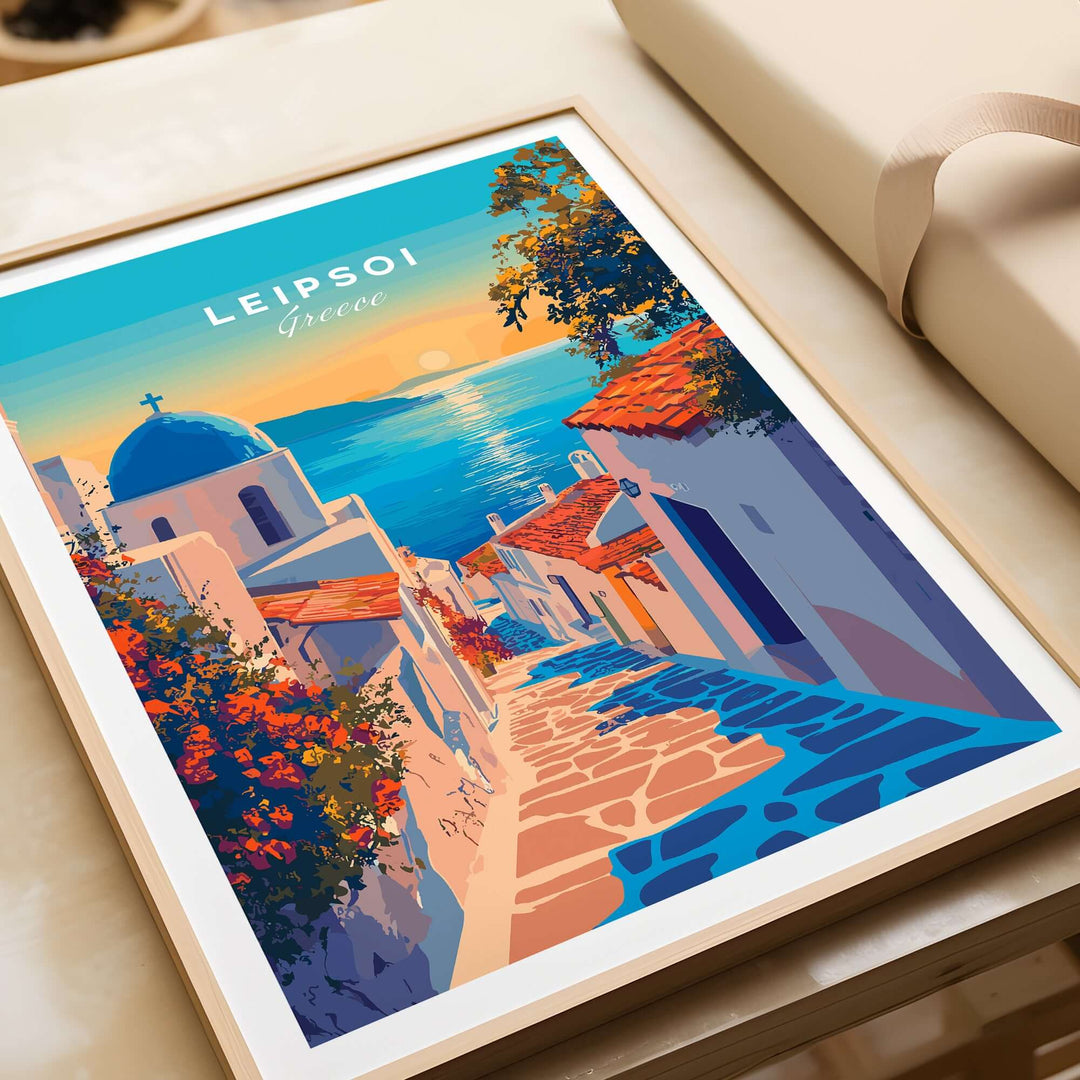 Leipsoi Wall Art depicting a charming Greek island scene with colorful buildings and a serene sea sunset.