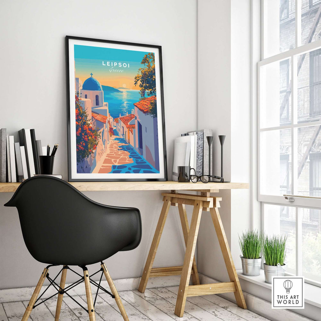 Leipsoi wall art displayed in a modern workspace, showcasing a scenic Greek island view with vibrant colors.