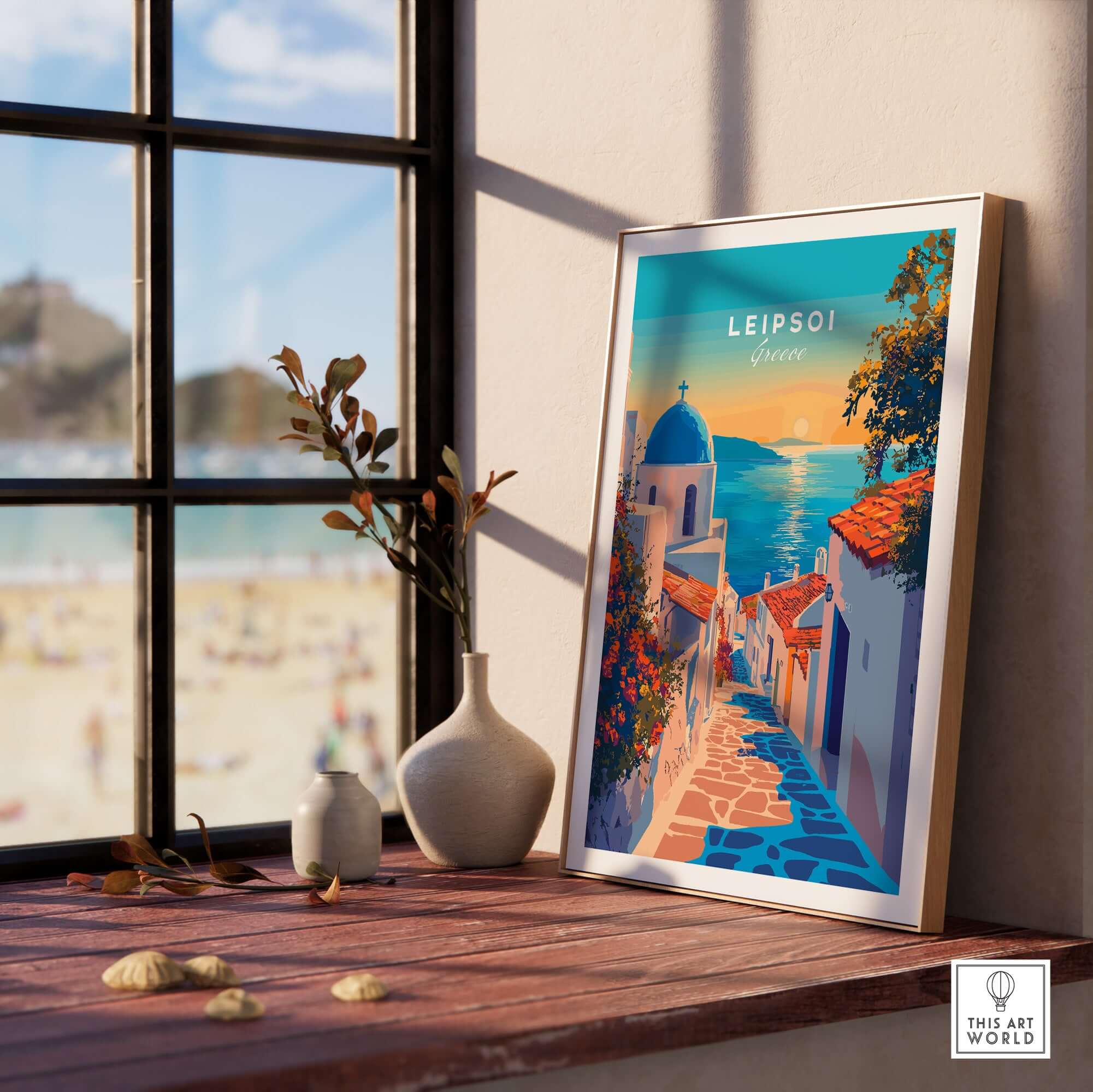 Leipsoi Wall Art Greece displayed in a sunlit room, showcasing a picturesque Greek island scene.