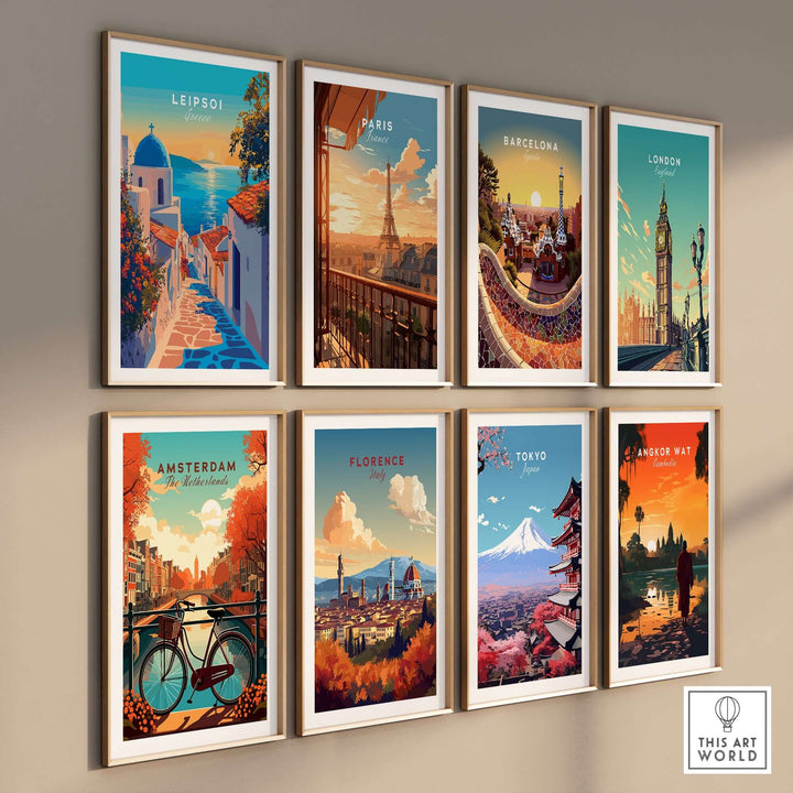 Colorful wall art featuring Leipsoi, Paris, Barcelona, London, Amsterdam, Florence, Tokyo, and Angkor Wat prints.