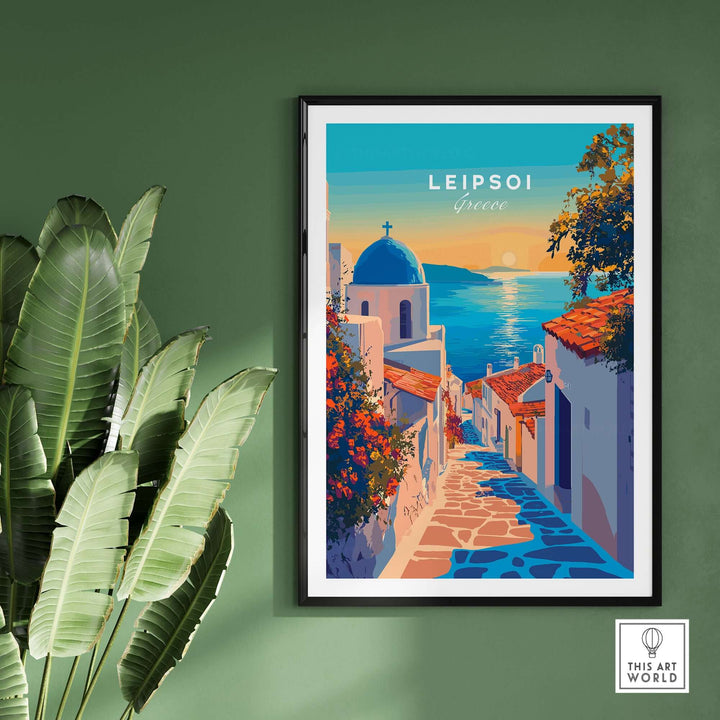 Vibrant Leipsoi wall art depicting a Greek island scene with blue domes and coastal charm, enhancing interior decor.