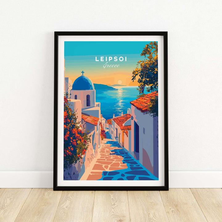 Colorful Leipsoi Wall Art depicting a picturesque Greek island scene with vibrant architecture and sunset.