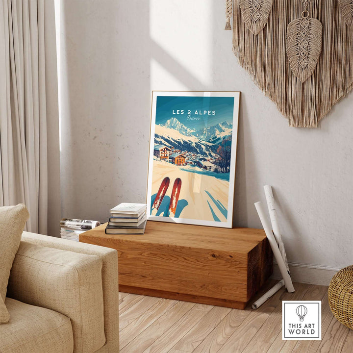 Vibrant Les 2 Alpes Art Ski Print displayed in a cozy living room, accentuating ski decor and capturing mountain beauty.