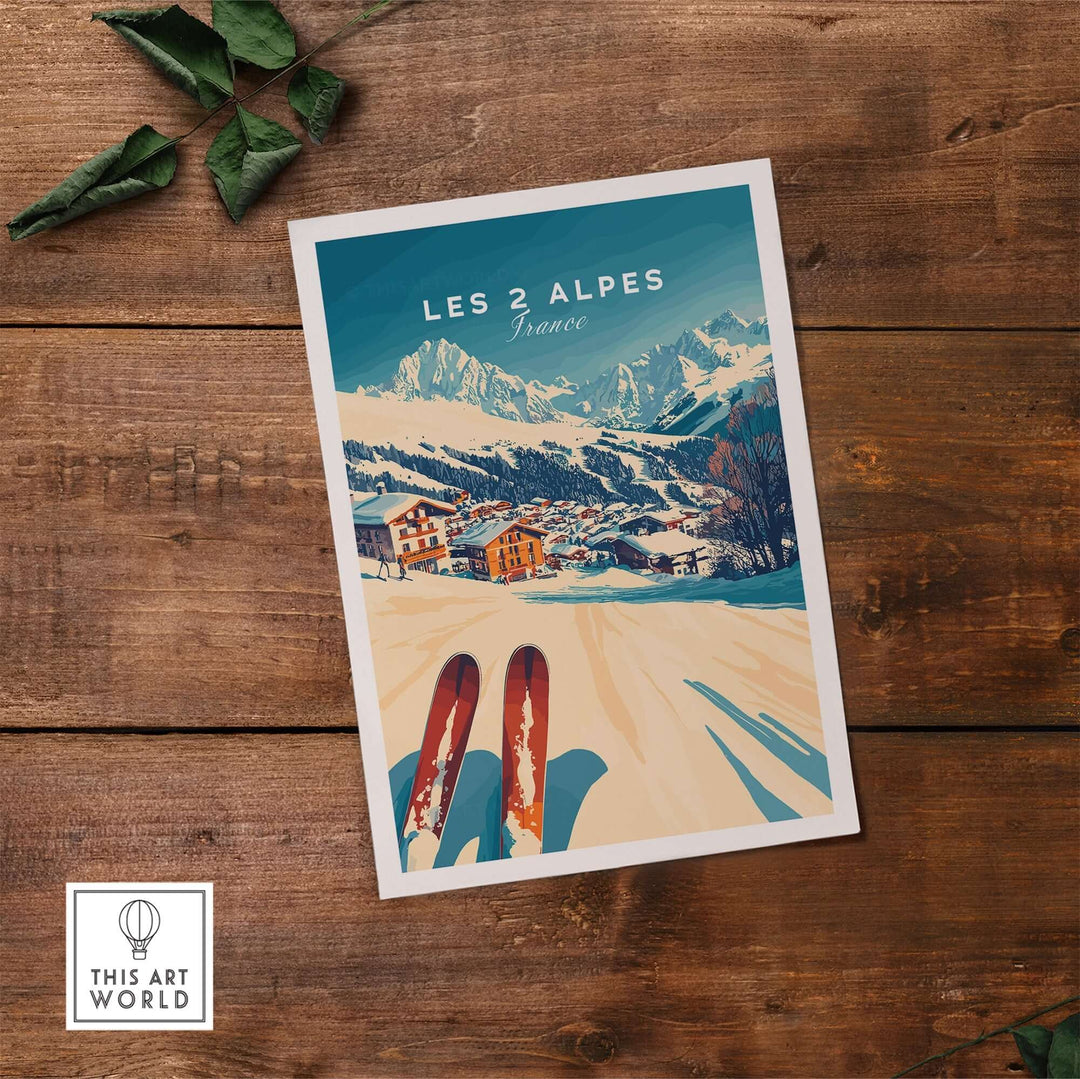 Les 2 Alpes Art Ski Print showcasing vibrant mountains and skis, perfect for enhancing ski decor in your home.