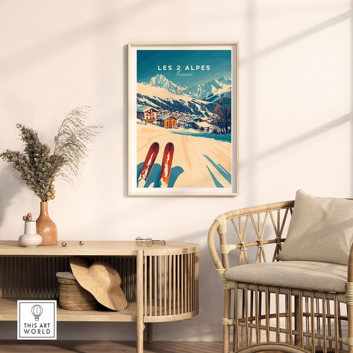 Les 2 Alpes Art Ski Print displayed in a cozy living room, enhancing ski-themed home decor with vibrant colors.