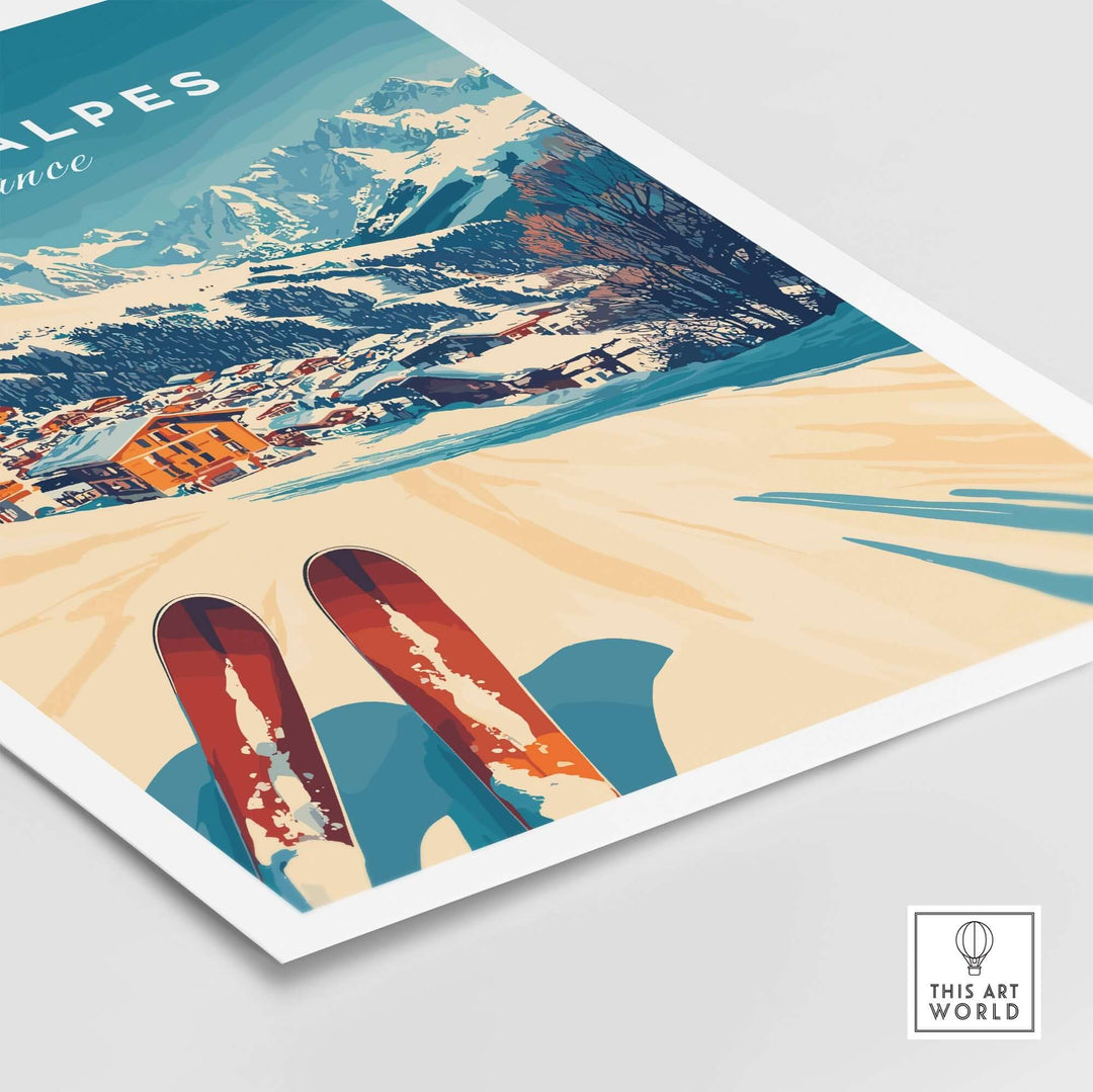 Les 2 Alpes Art Ski Print with colorful ski scene and mountains, perfect for enhancing ski decor.