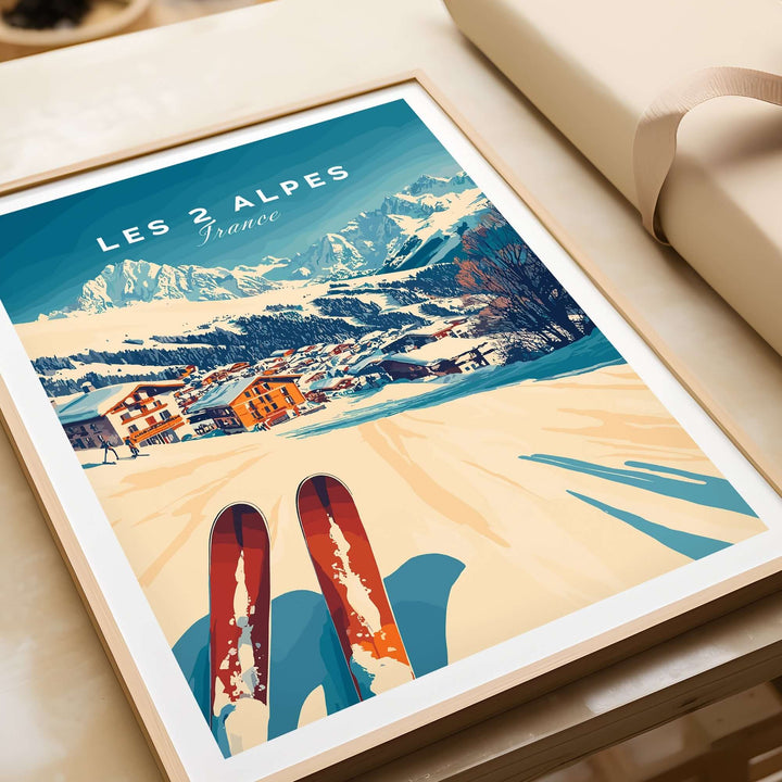 Les 2 Alpes art ski print featuring a scenic winter landscape and vibrant snow-capped mountains. Perfect for ski decor.