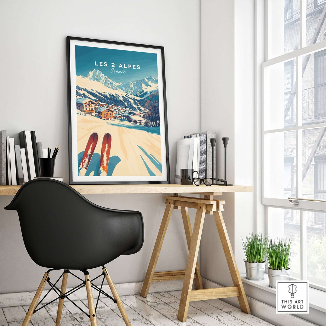 Les 2 Alpes Art Ski Print displayed in a modern workspace, enhancing ski-themed decor with vibrant colors and mountain scenery.