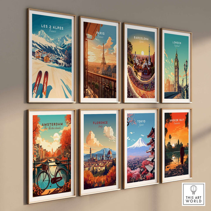 Colorful gallery wall featuring travel art prints, including Les 2 Alpes, capturing iconic locations and vibrant designs.