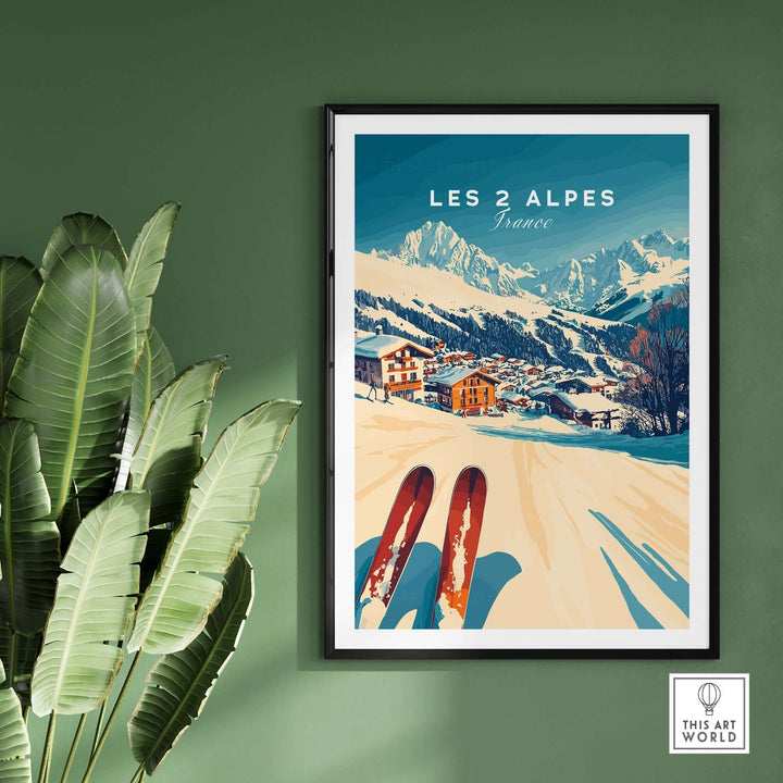 Les 2 Alpes Art Ski Print featuring vibrant ski scene and mountains, perfect for elevating ski decor.