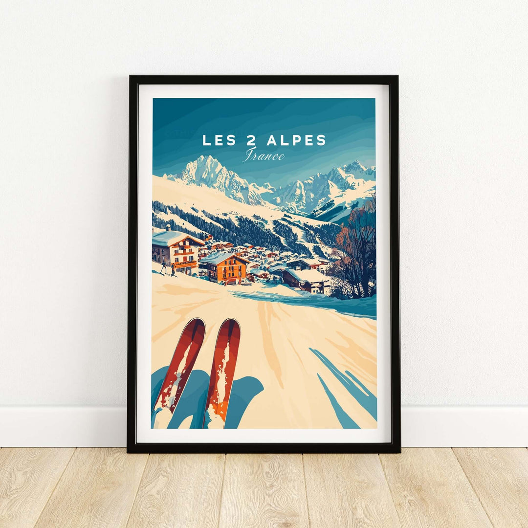 Les 2 Alpes Art Ski Print featuring vibrant mountains and ski scene, perfect for enhancing ski decor at home.