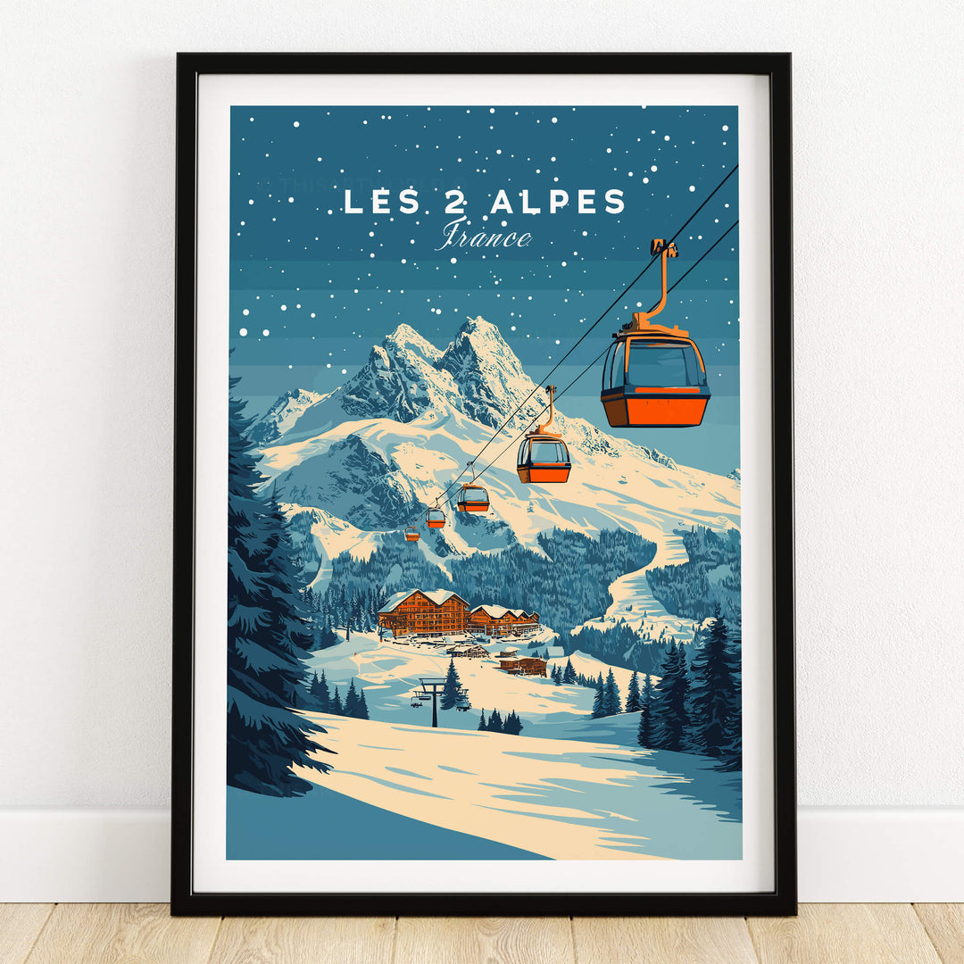 Les 2 Alpes Ski Print showcasing a scenic mountain view with ski lifts and a cabin in a snowy landscape.