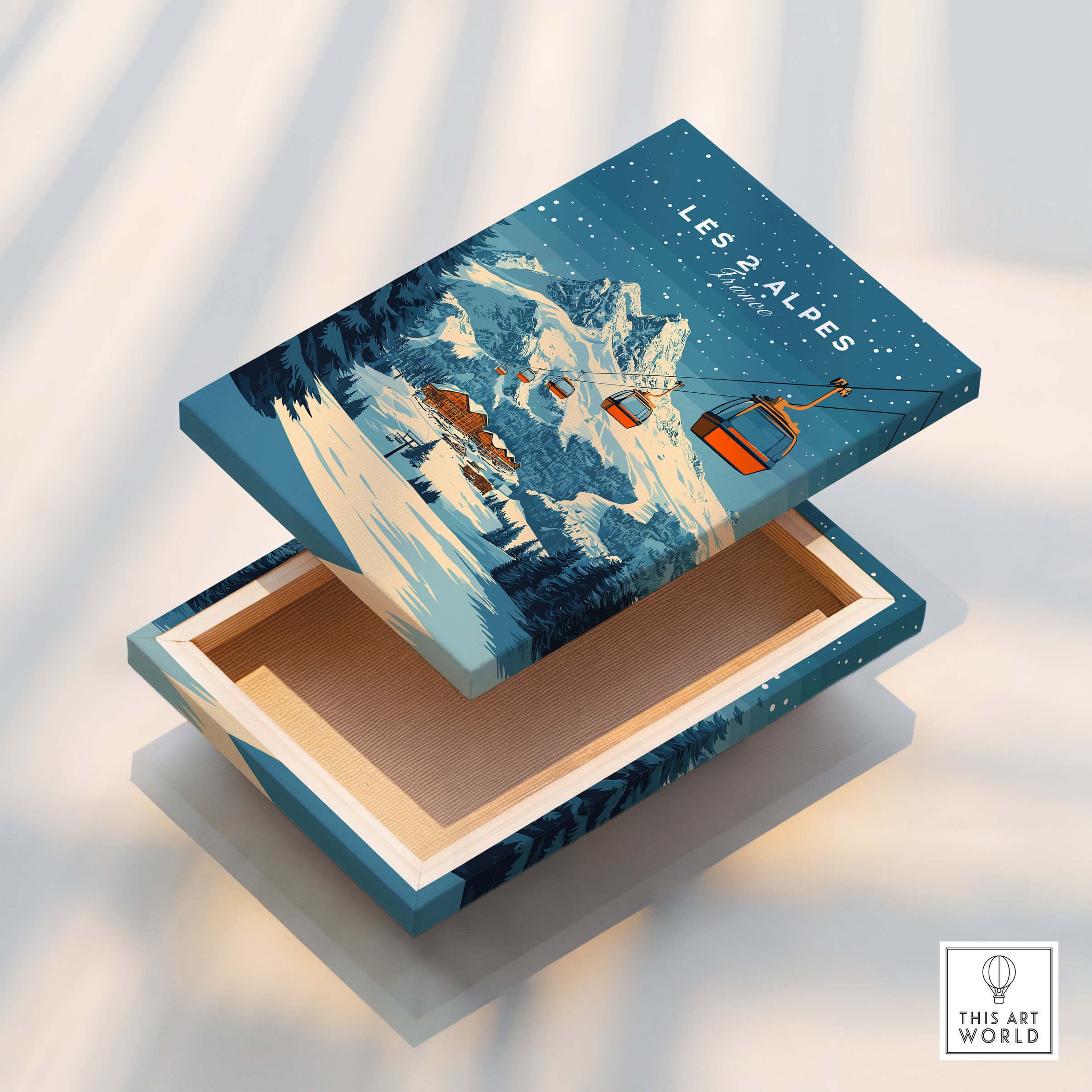 Les 2 Alpes Ski Print featuring a beautiful mountain scene on a decorative box.