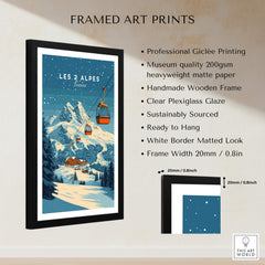 Les 2 Alpes Ski Print framed art showcasing snowy mountains and ski lift, perfect for home decor.