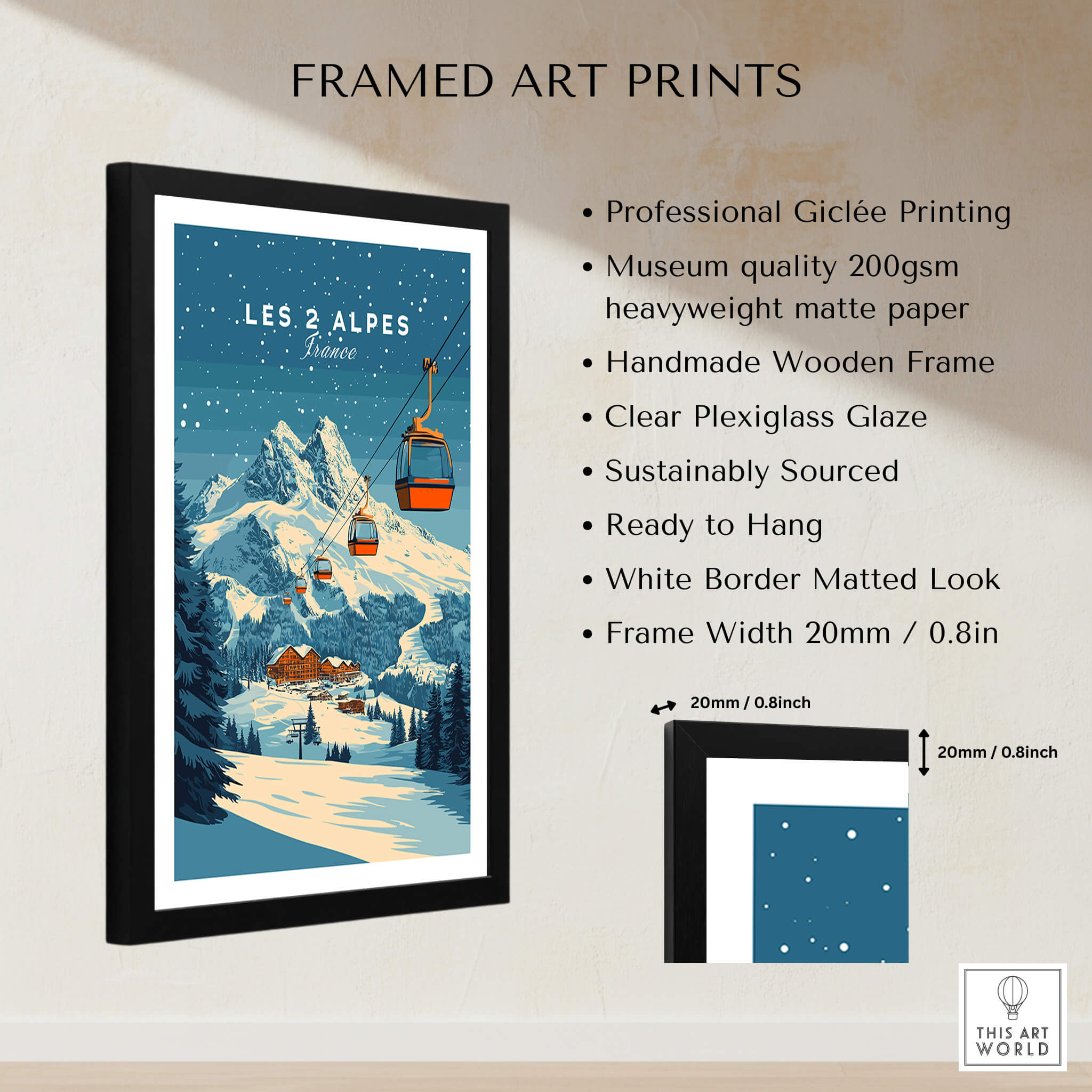 Les 2 Alpes Ski Print framed art showcasing snowy mountains and ski lift, perfect for home decor.