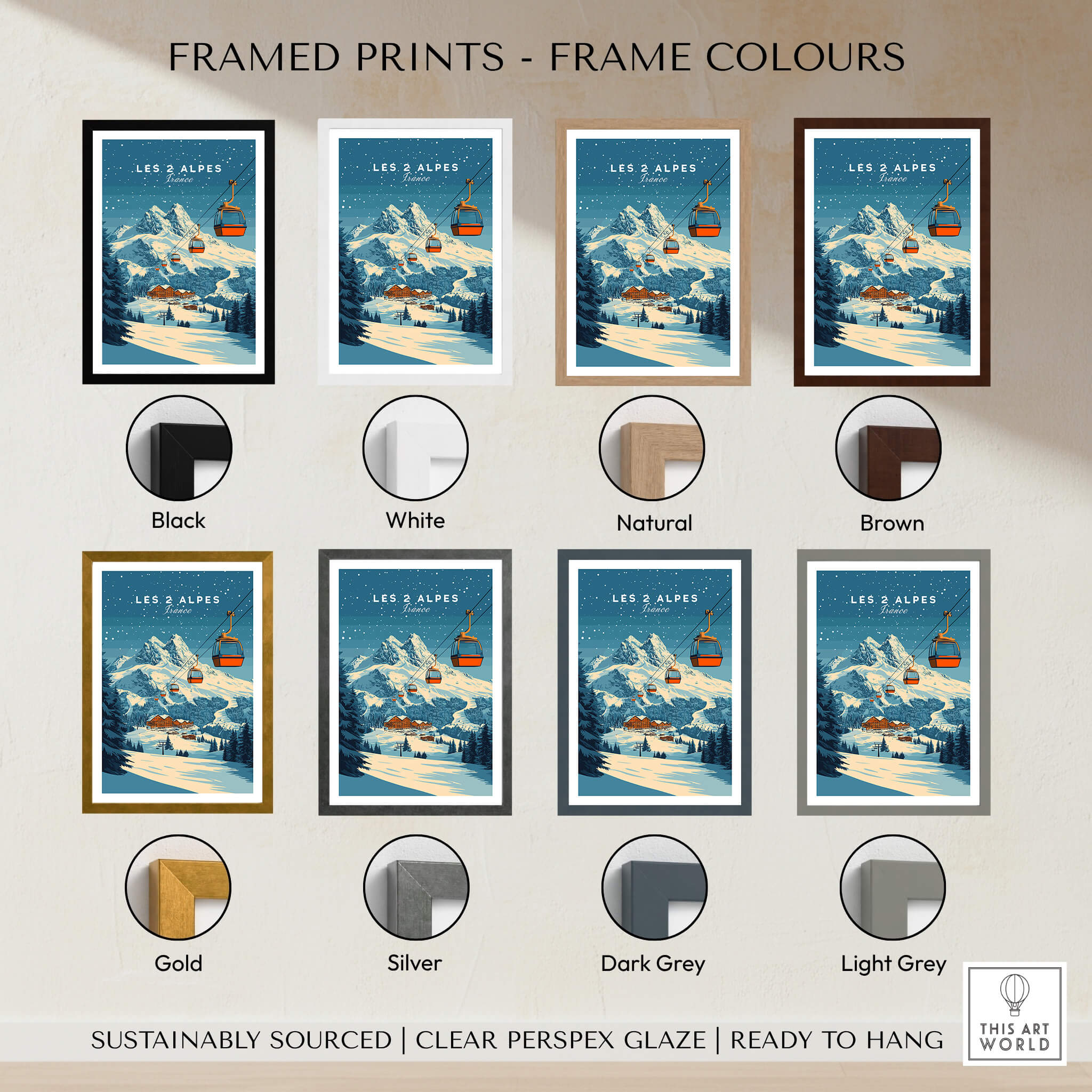 Framed prints of Les 2 Alpes Ski Print in various colors, showcasing black, white, natural, brown, gold, silver, dark grey, and light grey frames.