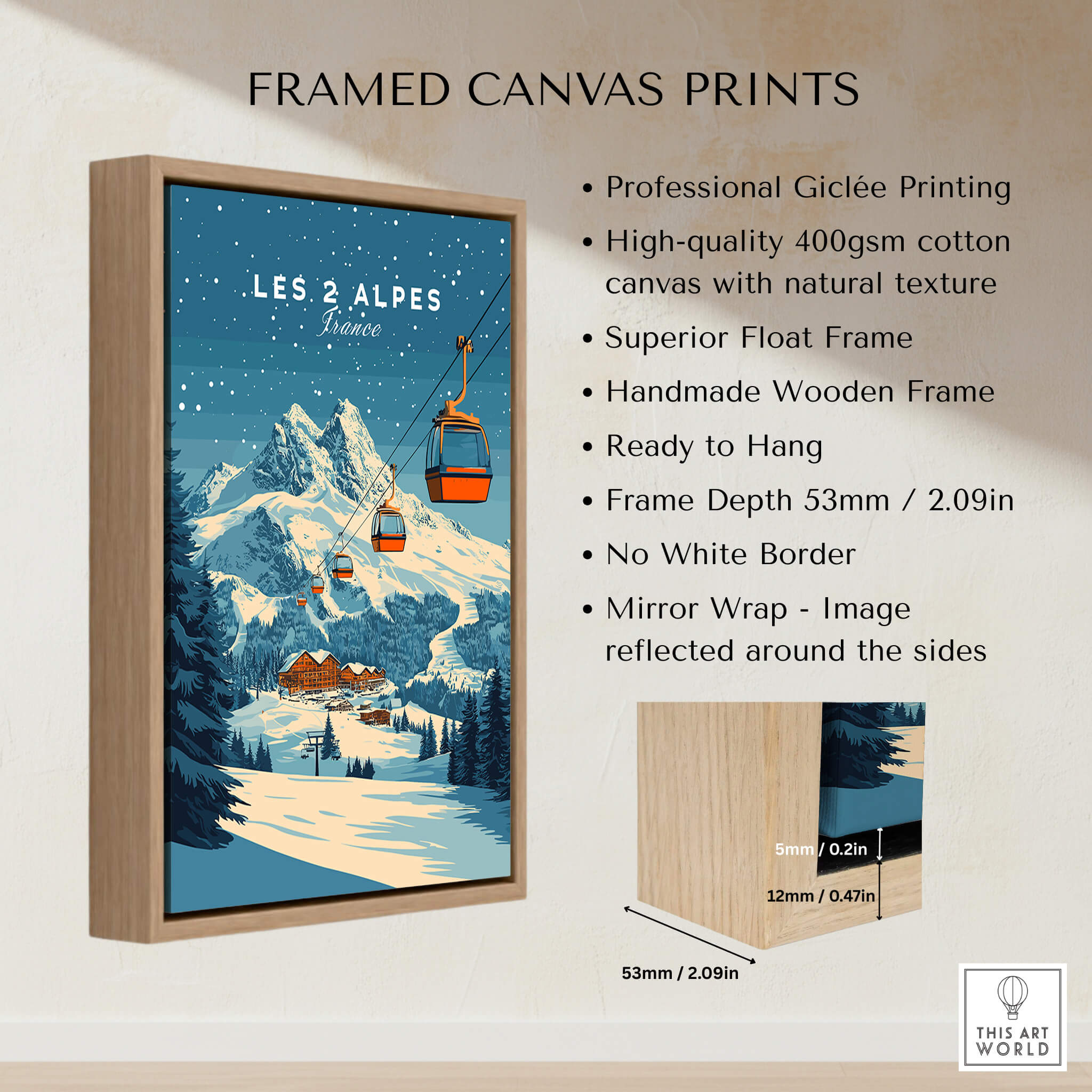 Les 2 Alpes Ski Print framed canvas print showcasing ski slopes and mountain scenery.