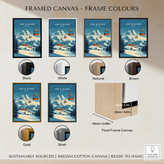 Les 2 Alpes Ski Print framed canvas options including black, white, natural, brown, gold, and silver colors.