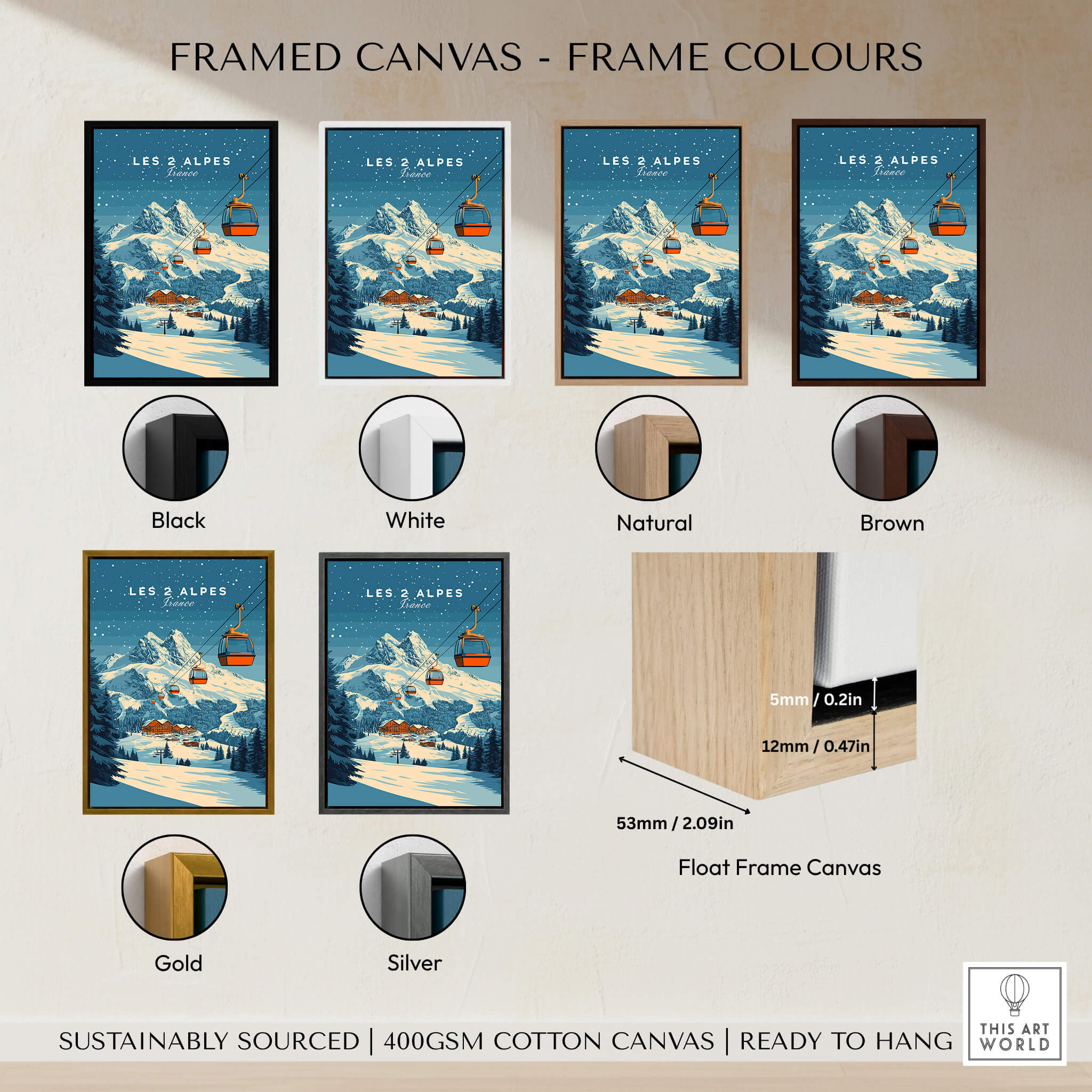 Les 2 Alpes Ski Print framed canvas options including black, white, natural, brown, gold, and silver colors.