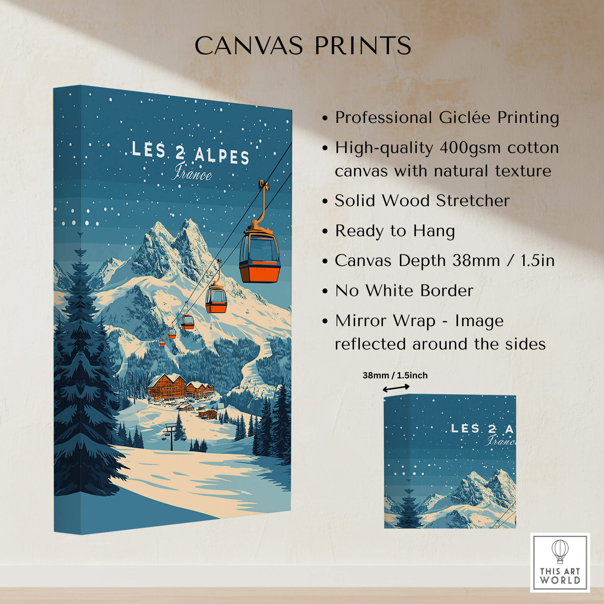 Les 2 Alpes Ski Print showcasing a beautiful mountain scene with a ski lift in the snow.