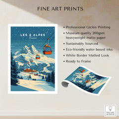 Les 2 Alpes Ski Print showcasing ski lift, snow-covered mountains, and wooden cabin, perfect for home decor.