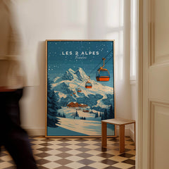 Les 2 Alpes Ski Print featuring a picturesque mountain scene and ski lift in a stylish home setting.