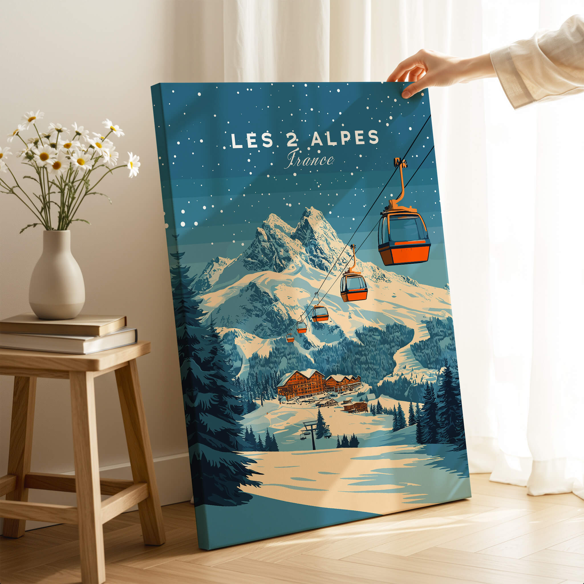 Les 2 Alpes Ski Print showcasing a scenic chairlift with snowy mountains and ski slopes in a cozy interior setting.