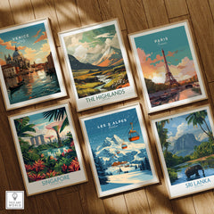 Collection of travel prints including Les 2 Alpes Ski Print, Venice, Paris, The Highlands, Singapore, and Sri Lanka.