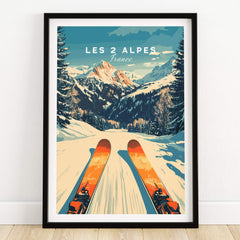 Les 2 Alpes Wall Art Ski Poster featuring snow-covered mountains and ski equipment.