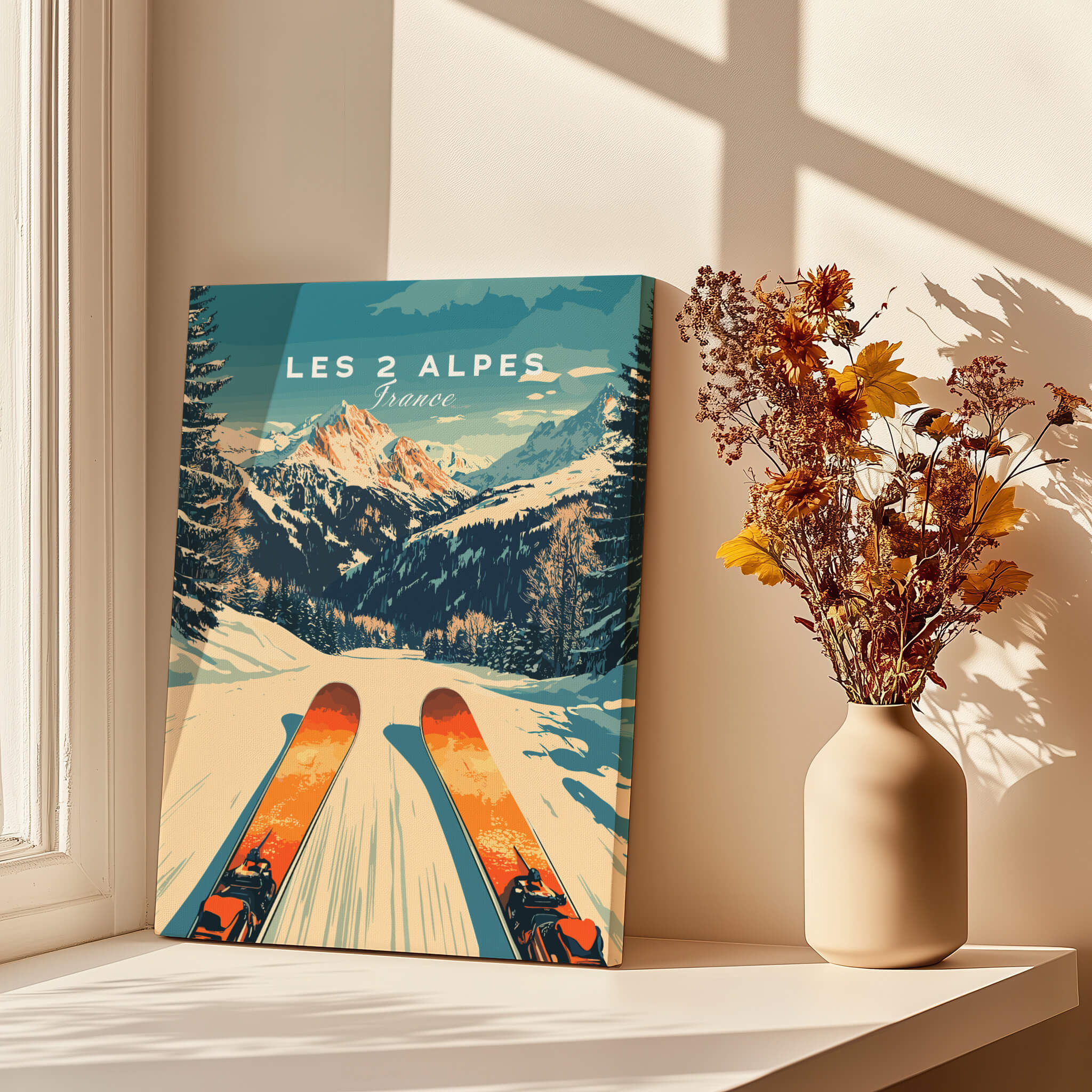 Les 2 Alpes Wall Art Ski Poster showcasing vibrant ski slopes and stunning mountain scenery.