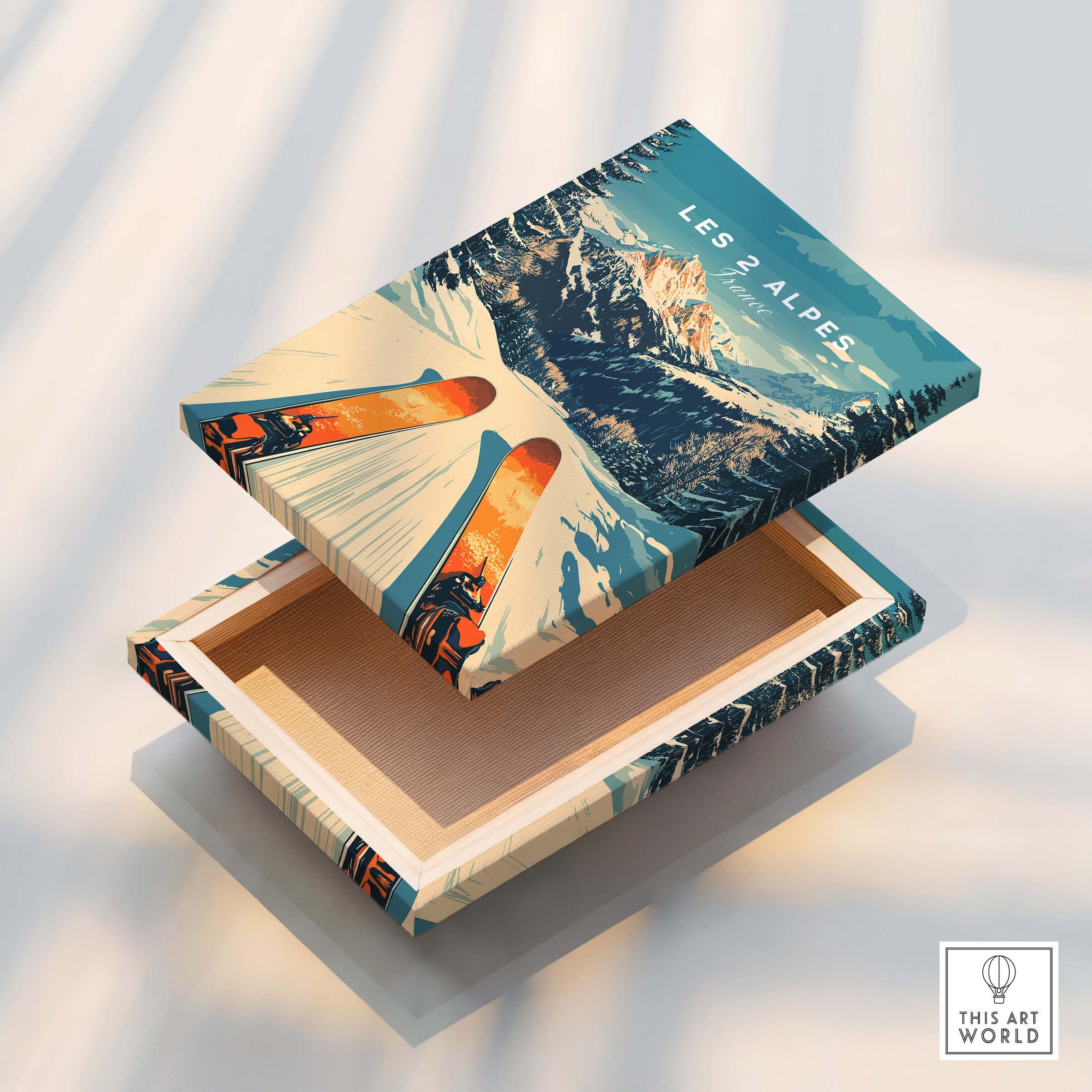 Les 2 Alpes Wall Art Ski Poster design on a wooden box, showcasing a vibrant skiing scene.
