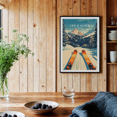 Les 2 Alpes Wall Art Ski Poster showcasing a vibrant ski landscape in a rustic home setting with wooden decor.