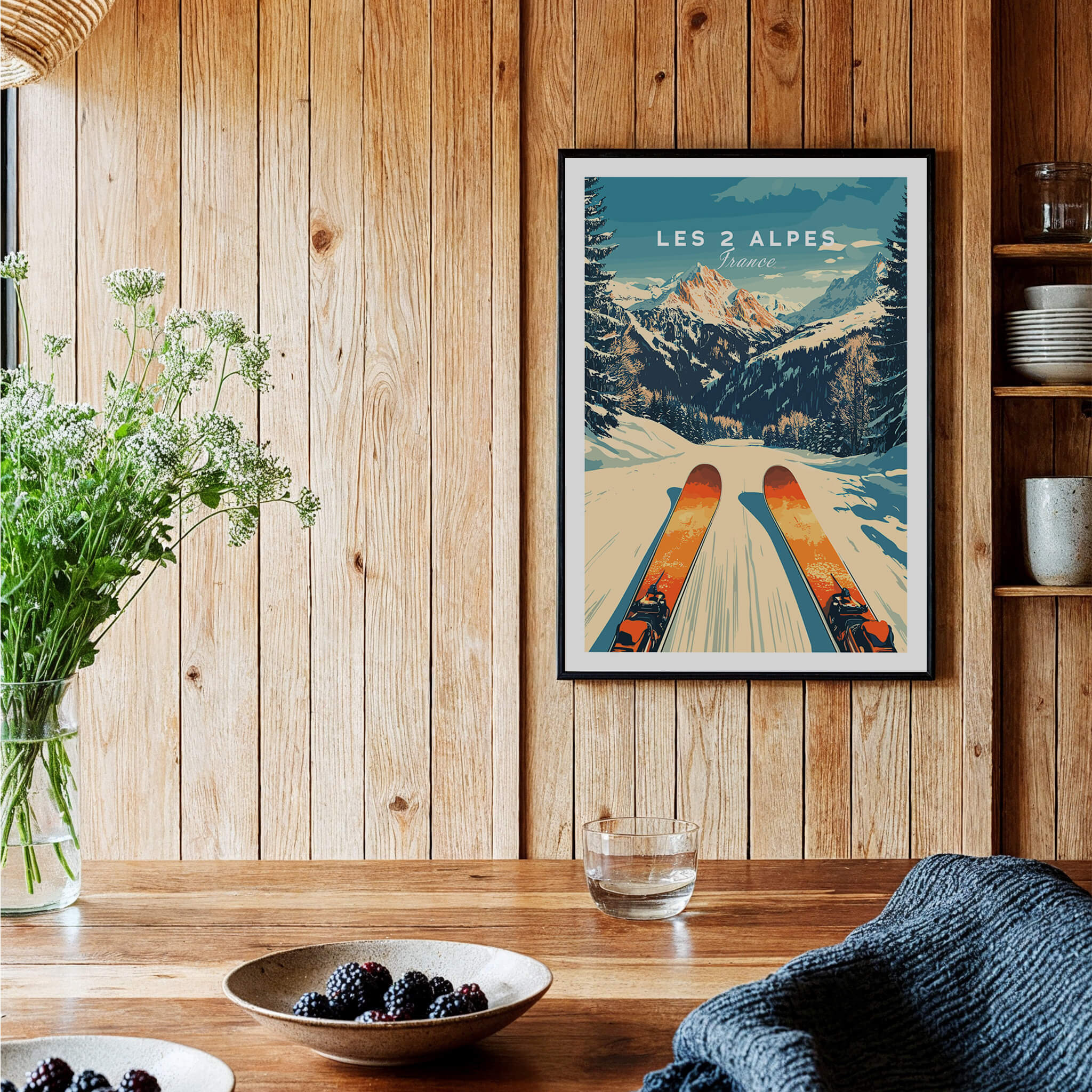Les 2 Alpes Wall Art Ski Poster showcasing a vibrant ski landscape in a rustic home setting with wooden decor.
