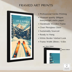 Les 2 Alpes Wall Art Ski Poster featuring vibrant design of ski slopes and mountains in a framed print.