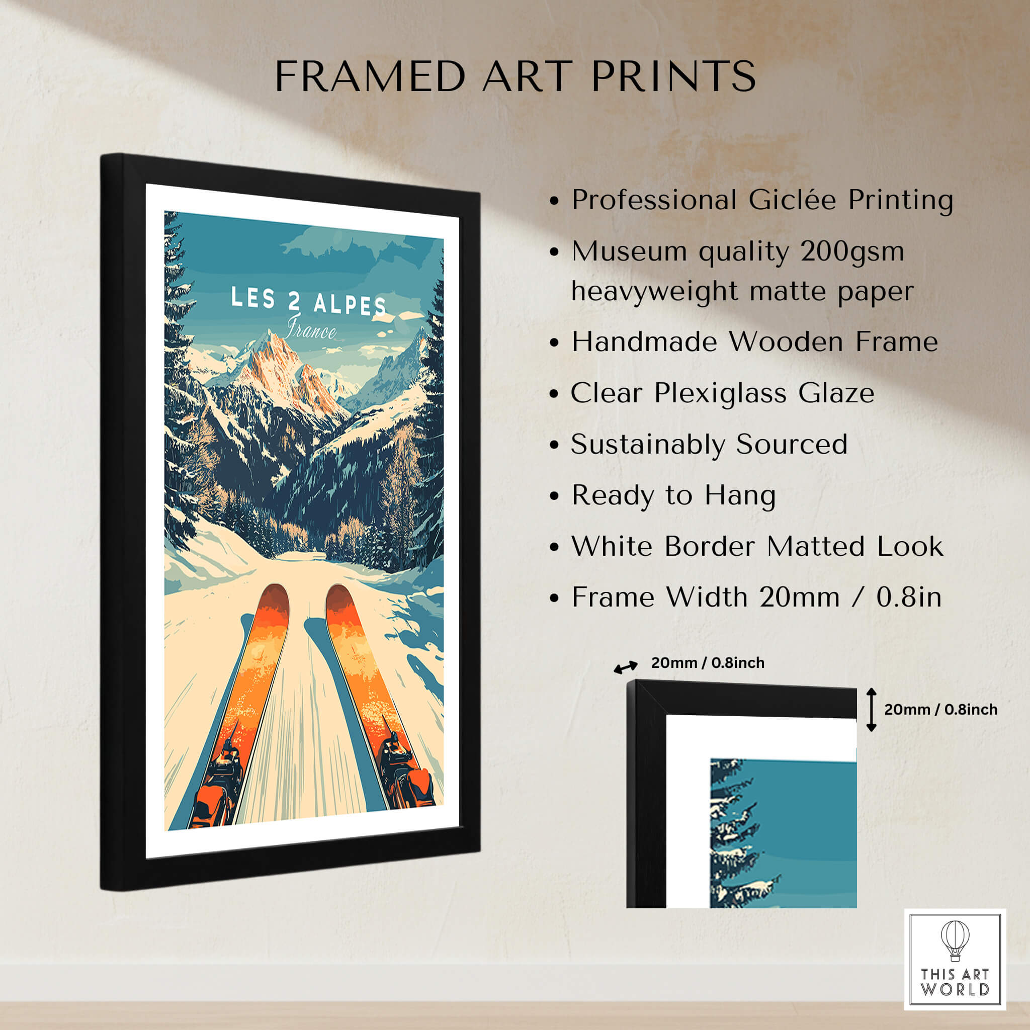 Les 2 Alpes Wall Art Ski Poster featuring vibrant design of ski slopes and mountains in a framed print.